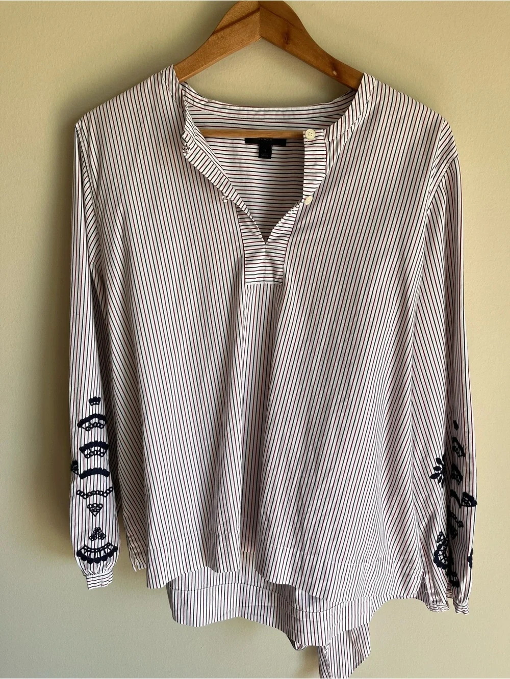 J. Crew Women's Stripe Long Sleeve Blouse with Embroidery on Sleeve Size Large